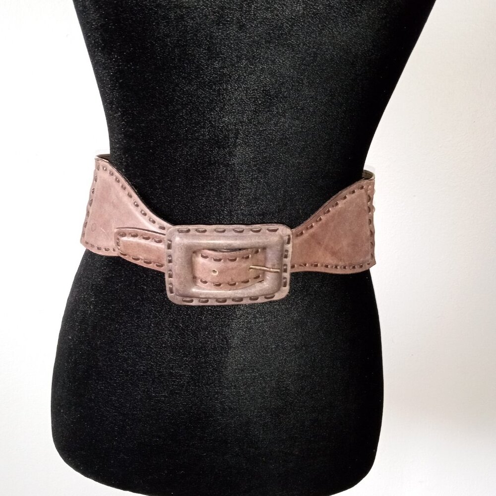Wide Brown Leather Belt with Decorative Stitching